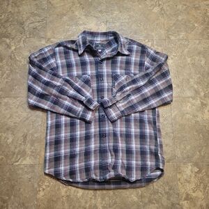 Lucky Brand Dungarees Flannel Shirt Mens Medium Beige LS Plaid Made In USA